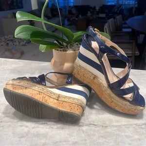 PRADA TWO-TONE NAVY BLUE AND CREAM WEDGES